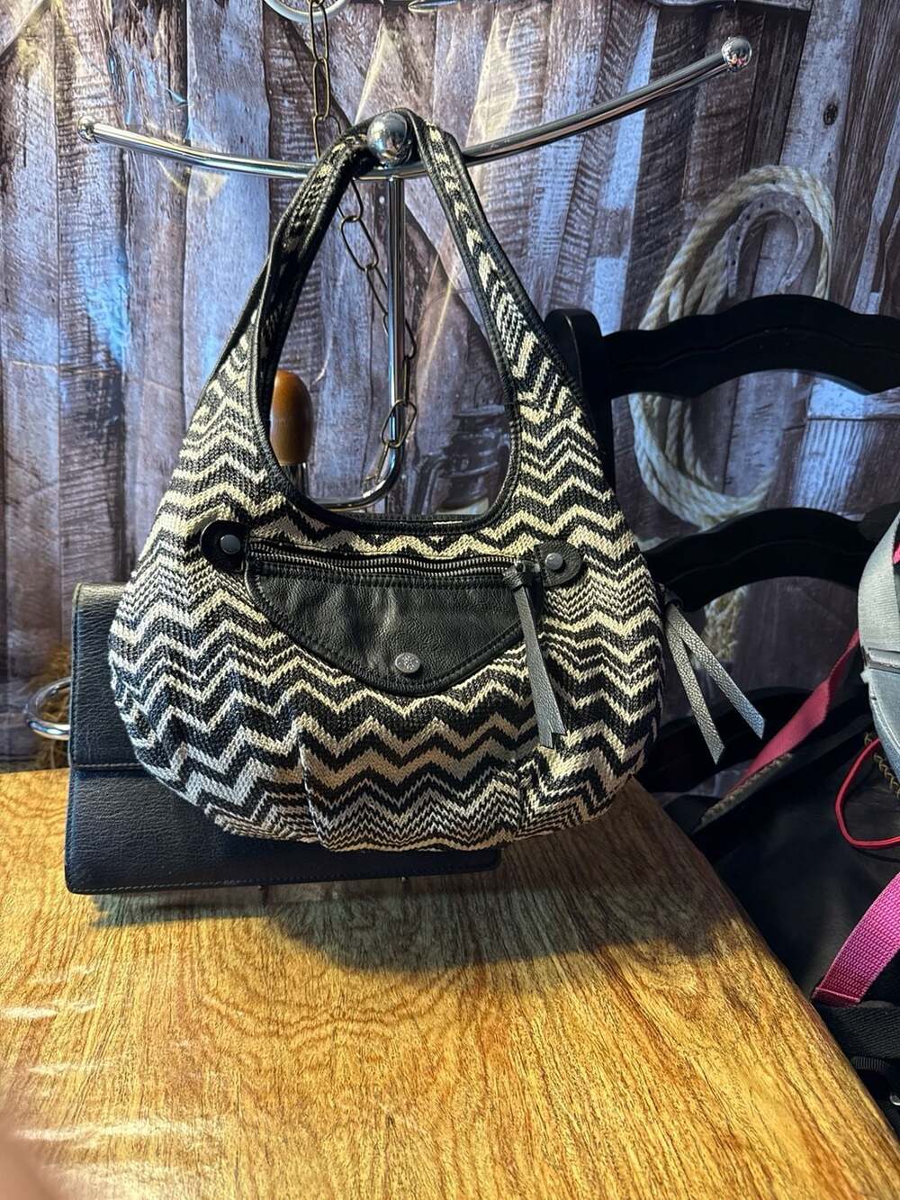 Simply Vera Vera Wang Chevron Straw Hobo Shoulder Bag Black and White